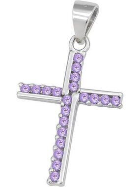 Amethyst Sterling Silver Half Eternity CZ Paved Christian Cross Pendant